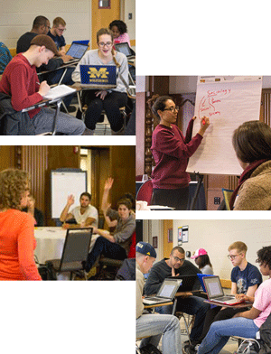 Collage of pictures showing students working in groups, raising their hands, and writing on flipchart paper